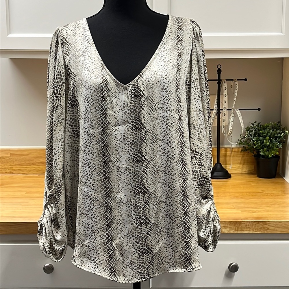 Blue Pepper Long Sleeve Grey Snakeskin Print Blouse